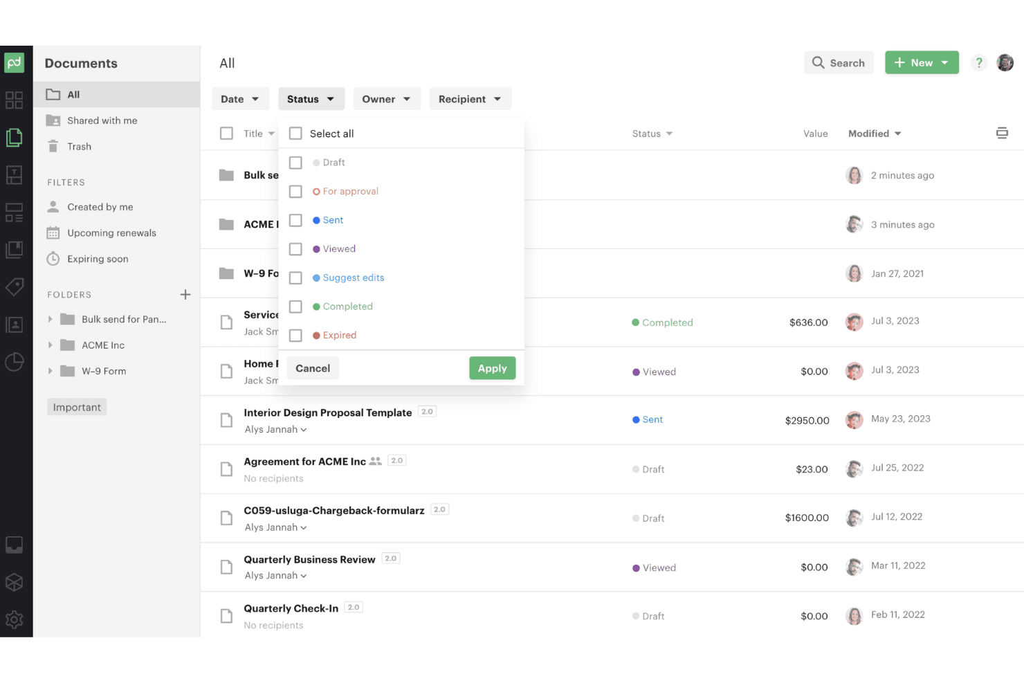 PandaDoc documents list with status filter dropdown showing Draft, Sent, Viewed, Completed, Expired options.