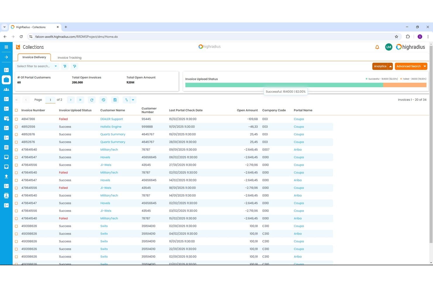 HighRadius Collections Invoice Delivery screen showing invoice upload status, open amounts, and customer portal data.