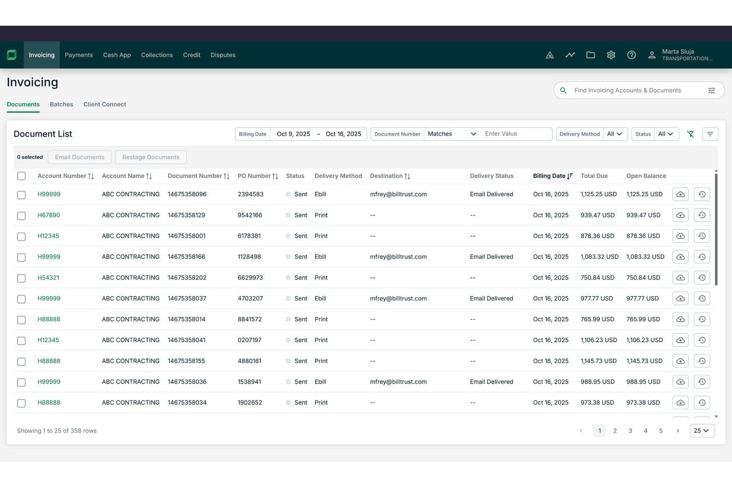 Billtrust invoicing dashboard showing document list with billing dates, delivery methods, and balances.