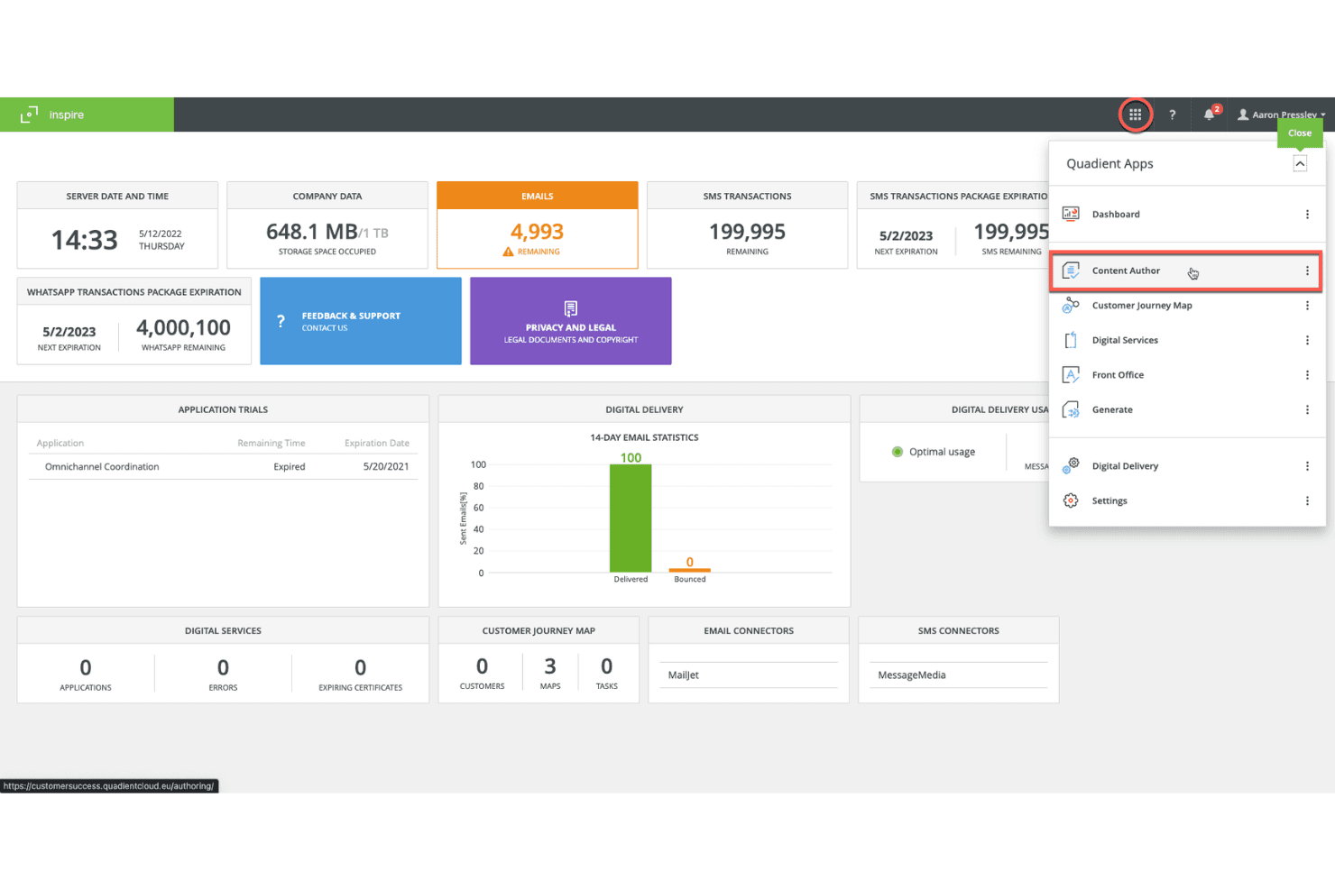 Quadient Inspire dashboard showing email, SMS stats and Quadient Apps menu open.