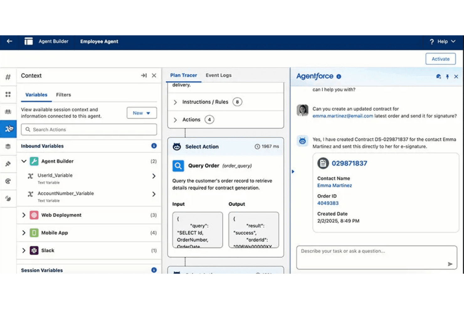 Salesforce Agentforce Agent Builder som visar arbetsflödet för AI-skapande av avtal och ordersökning