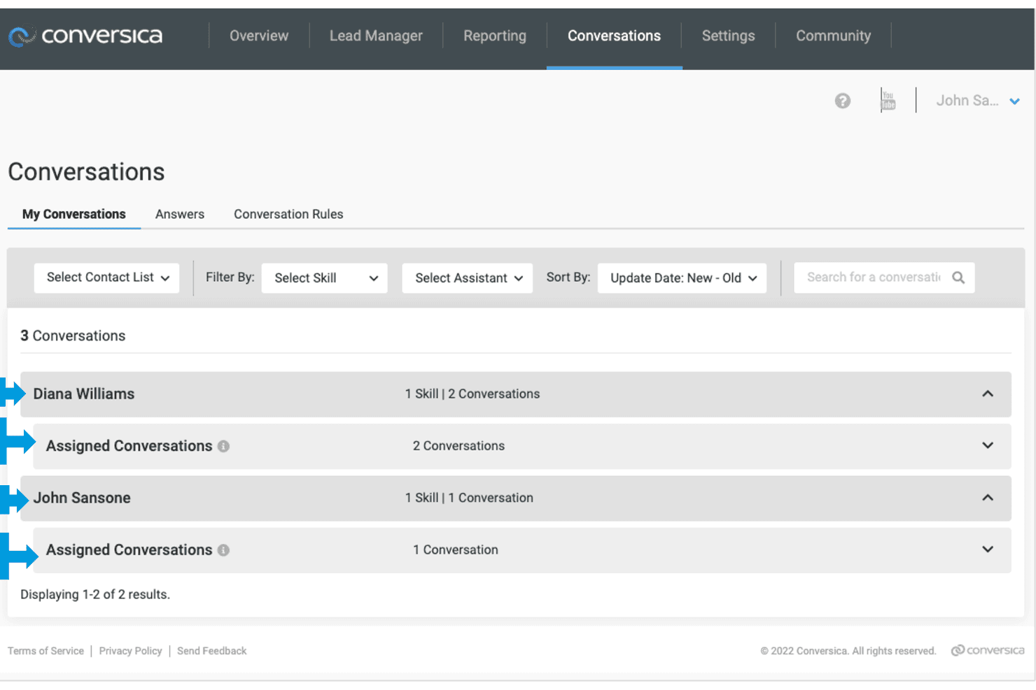 Instrumentpanelen Conversations i Conversica visar 3 konversationer tilldelade till två användare med filter