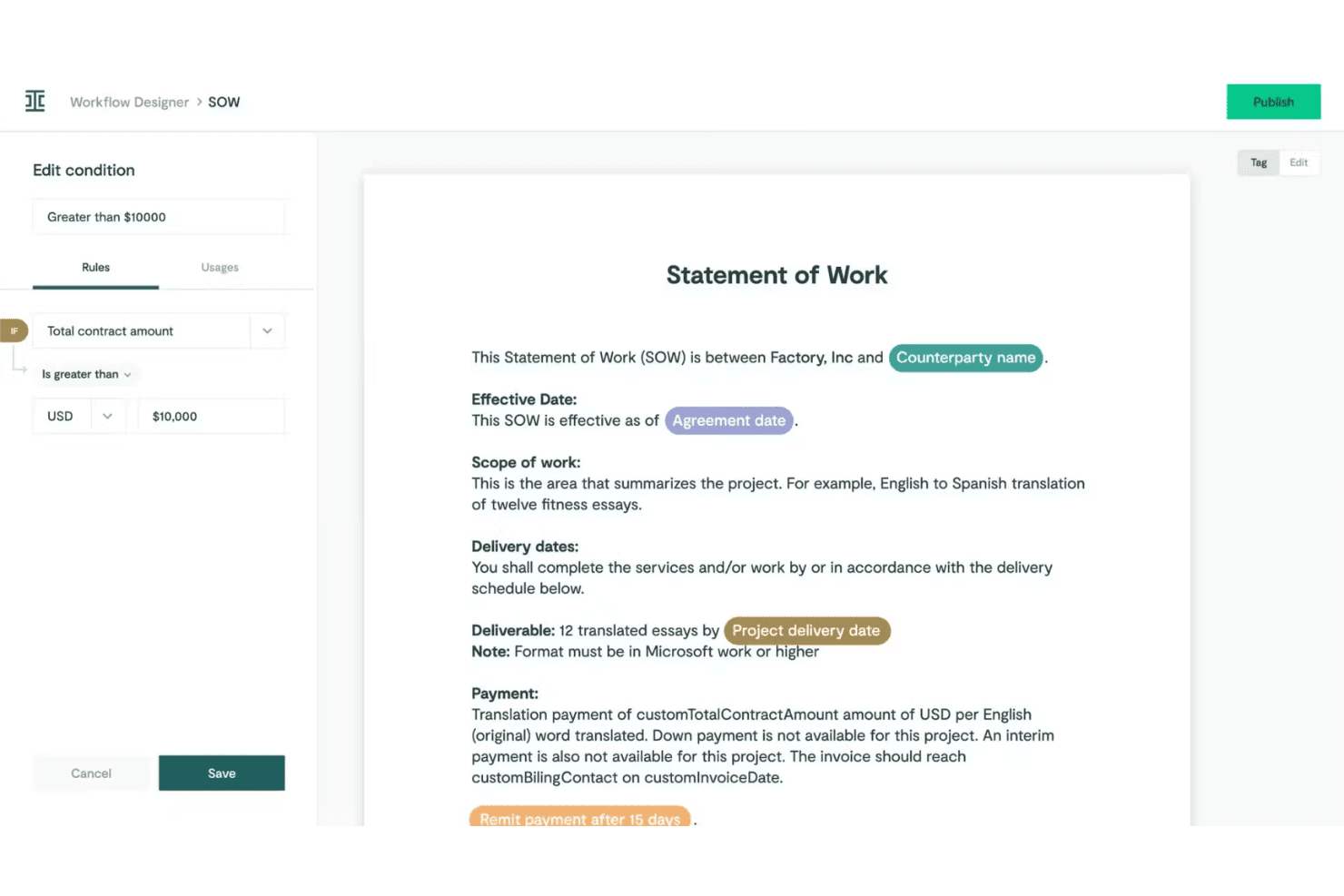 Ironclad Workflow Designer showing a Statement of Work with conditional rule editing panel