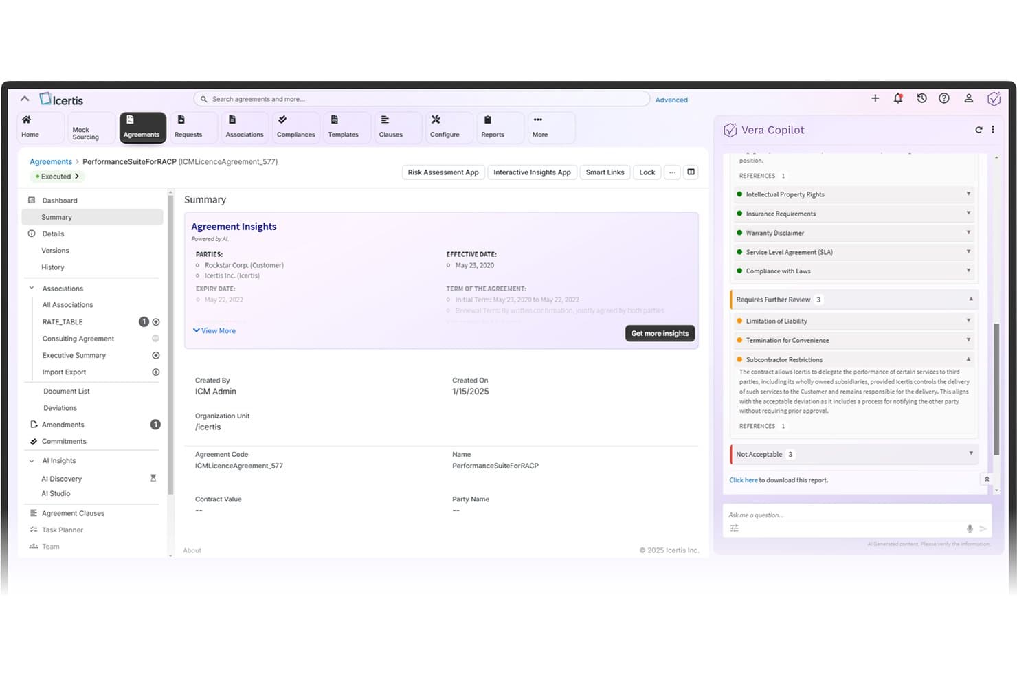 Icertis contract management dashboard showing Agreement Insights and Vera Copilot AI clause review panel.