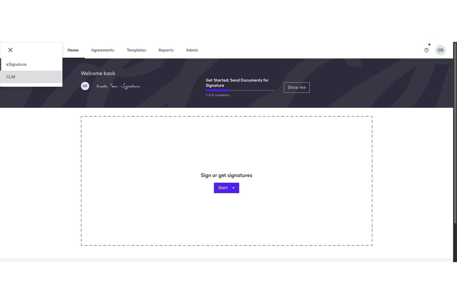 Docusign CLM home dashboard showing eSignature and CLM navigation with a Start button.