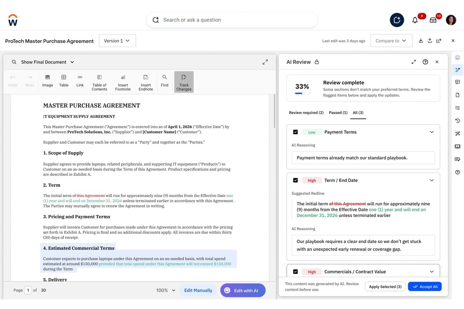 Workday Contract Managementin tekoälypohjainen tarkistuspaneeli näyttää muutosehdotukset ja riskimerkinnät pääasiallisessa hankintasopimuksessa.