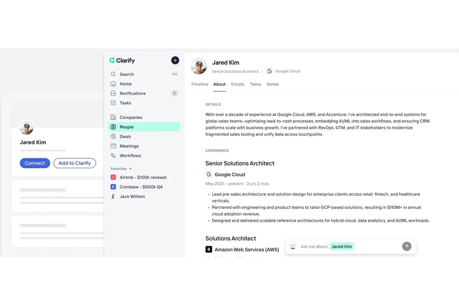 Clarify CRM näyttää Jared Kimin yhteyshenkilöprofiilin, jossa on kokemustiedot ja tekoälyavustajan kehote.