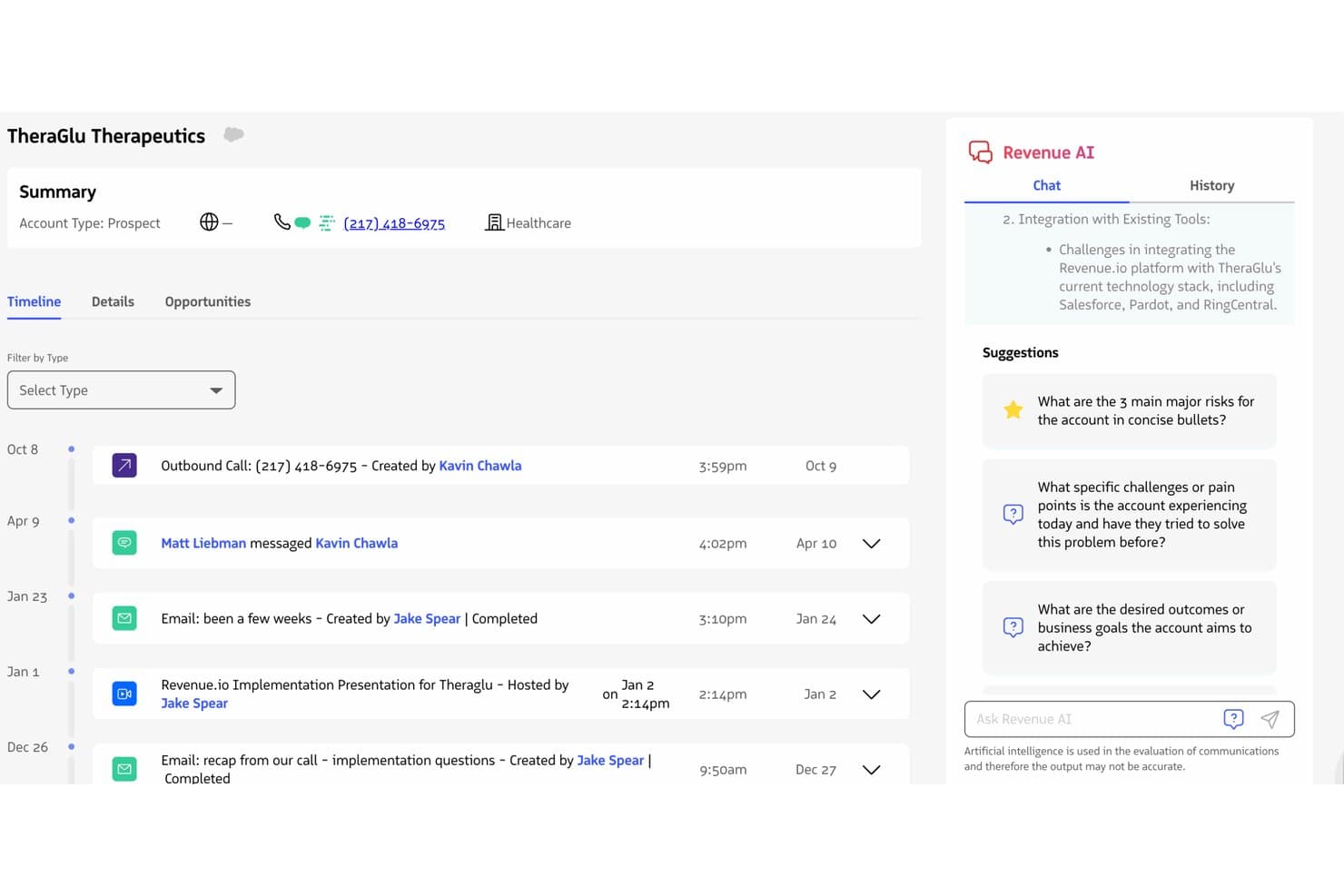 Revenue.io:n tili-sivu, jossa näkyvät aikajana, yhteystiedot ja Revenue AI -chat-paneeli.