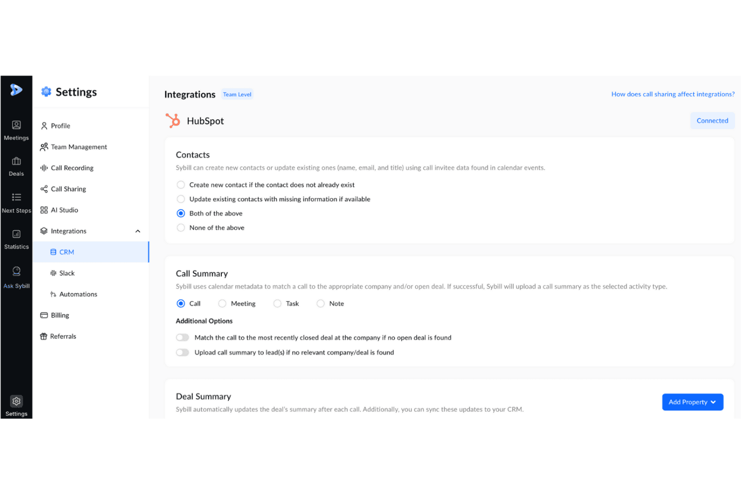 Sybillin asetussivu, jossa näkyvät yhteystietojen ja puheluiden yhteenvetojen HubSpot CRM -integraation asetukset.