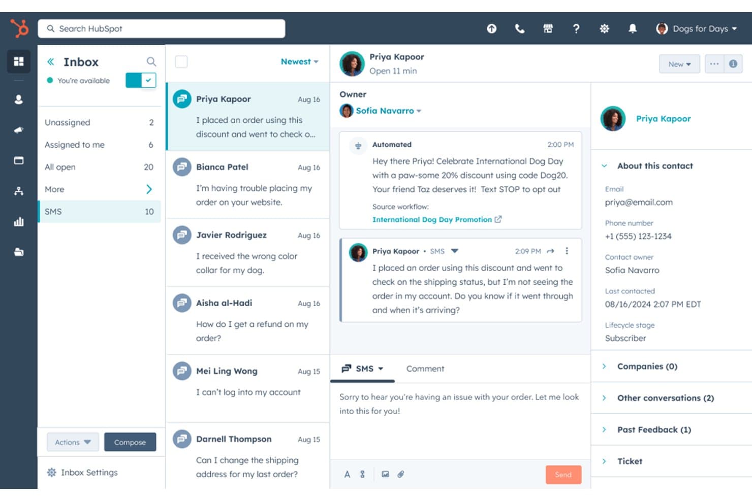 HubSpot CRM:n postilaatikko, jossa näkyy tekstiviestikeskustelu asiakkaan tilaustiedustelusta.