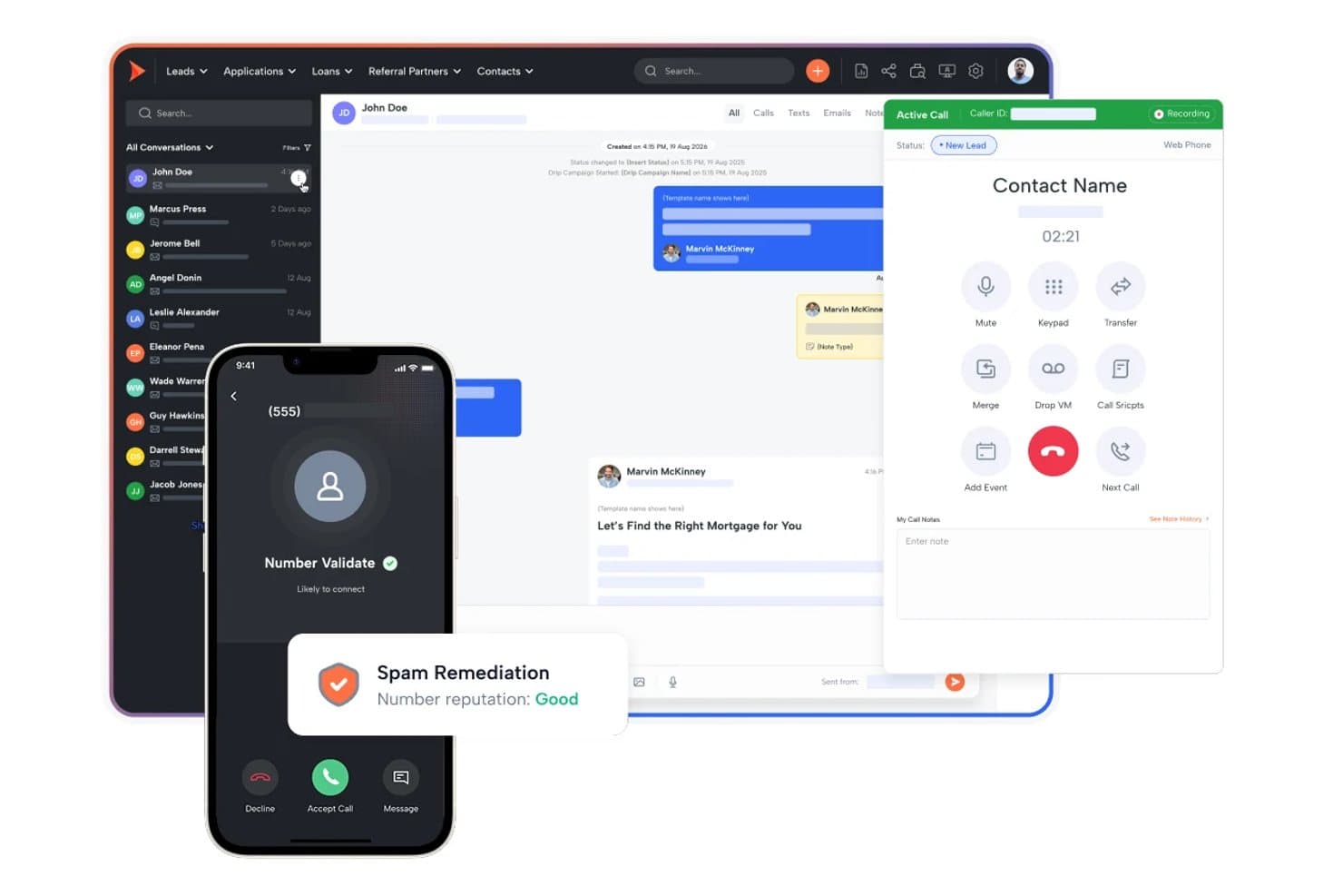Shape CRM, jossa näkyvät aktiivisen puhelun paneeli, tekstiviestikeskustelut ja roskapostin torjunta mobiililaitteella.