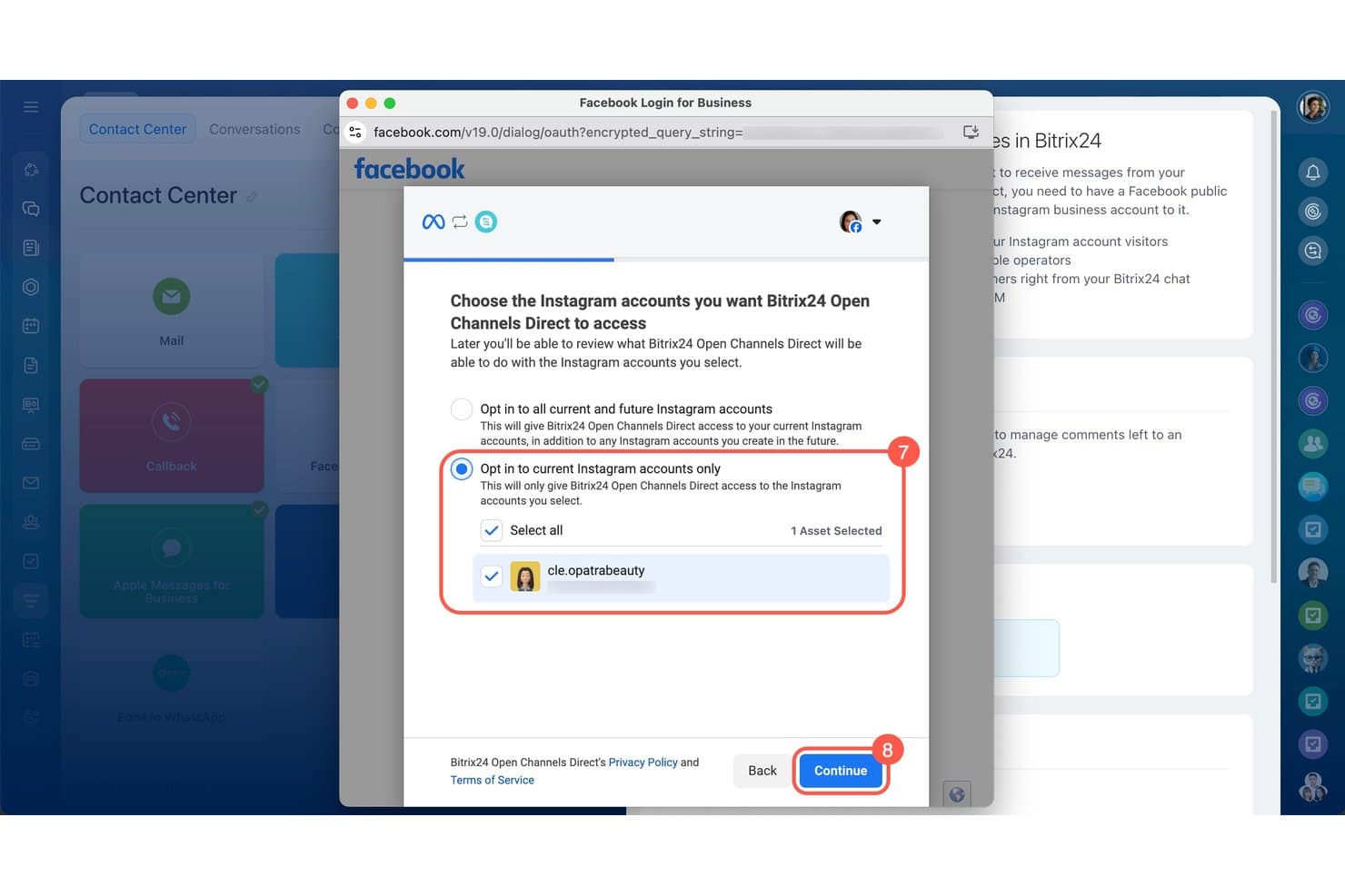 Facebook-inloggningsdialog där ett Instagram-konto väljs för direktåtkomst till Bitrix24 Öppna kanaler.
