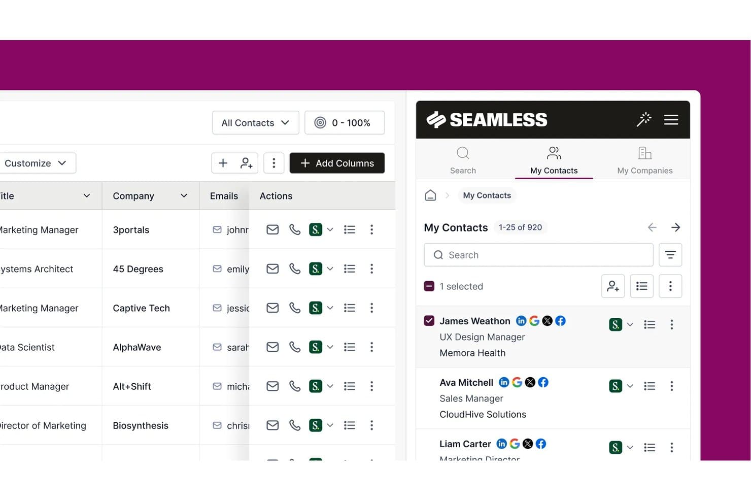 Seamless.AI:n Omat yhteystiedot -paneeli, jossa näkyy 920 tallennettua yhteystietoa sekä tehtävänimikkeitä ja yrityksiä.