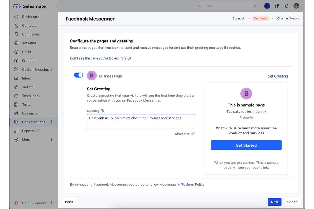 Salesmate lets users configure Facebook Messenger greetings for CRM integration.