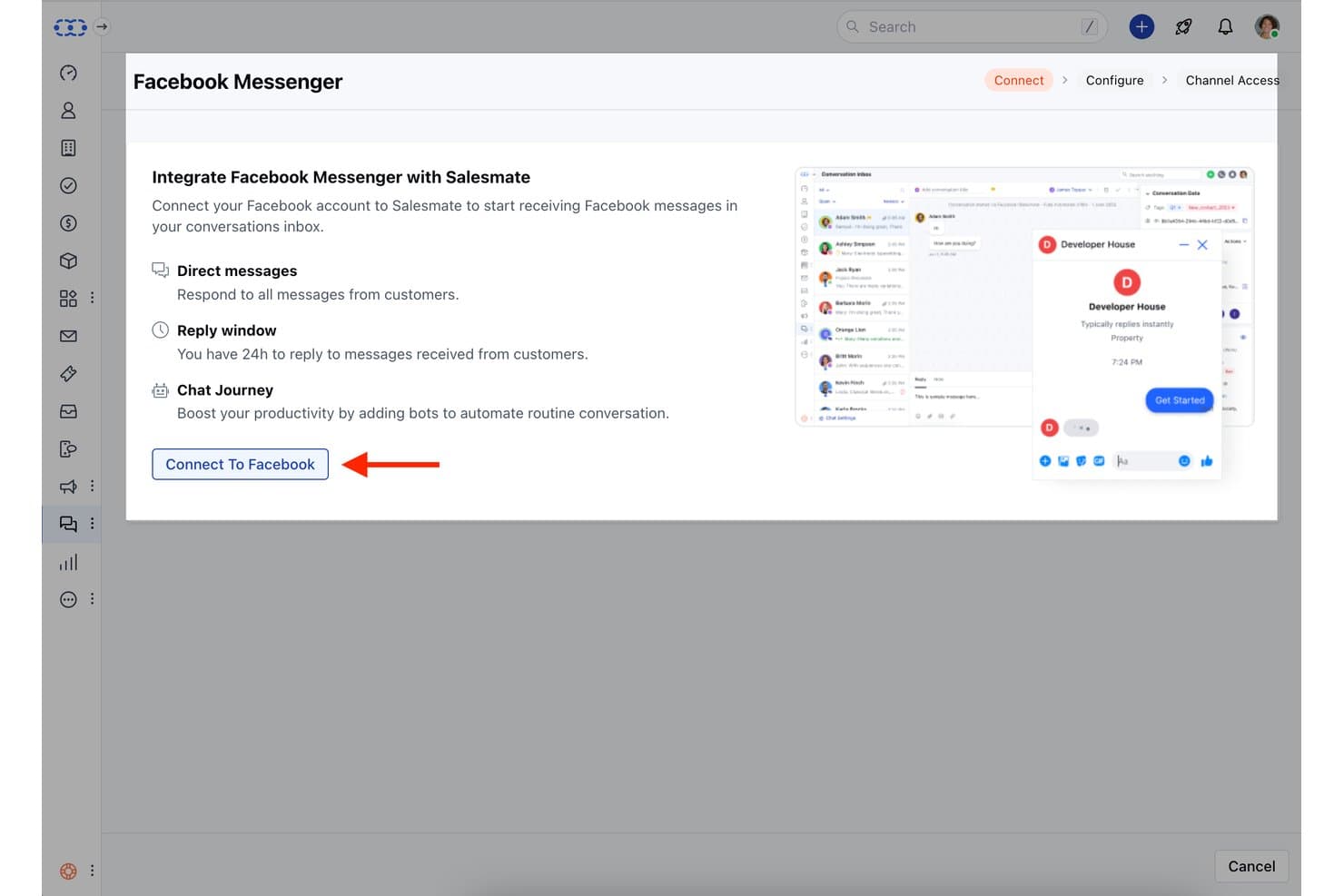 Installationssida för Salesmates Facebook Messenger-integration med knappen Anslut till Facebook.