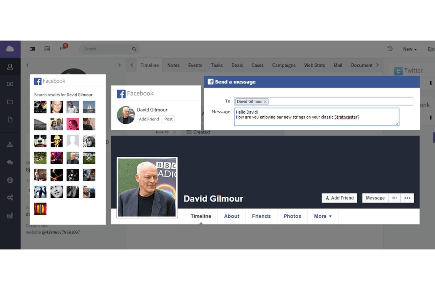 Agile CRM:s Facebook-integration som visar profilsökning och fönstret för att skriva meddelanden.