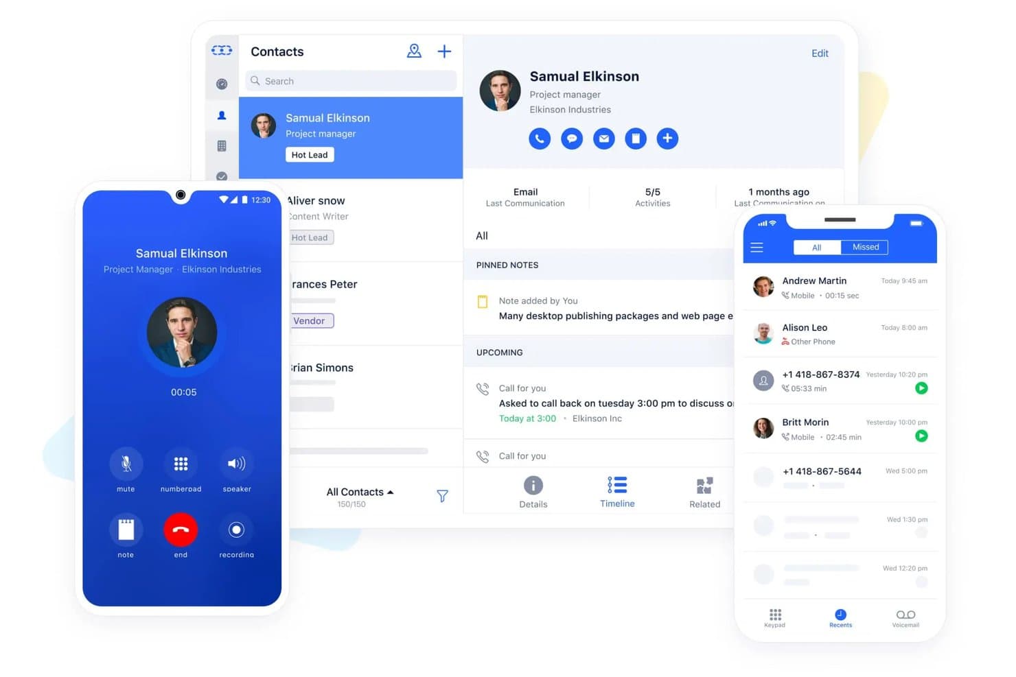Salesmate CRM, jossa näkyvät yhteystiedon profiili, puhelunäyttö ja viimeaikaisten puhelujen loki.