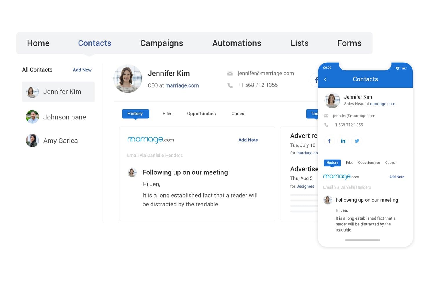 BIGContactsin CRM-järjestelmä, jossa näkyy yhteystiedon profiili sähköpostihistorioineen ja mobiilinäkymä.