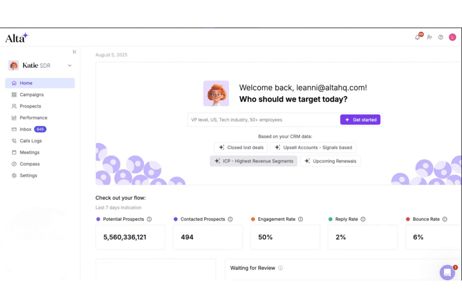 Pannello SDR di Katie che mostra la selezione dei potenziali clienti, le statistiche dei flussi e i suggerimenti del CRM.