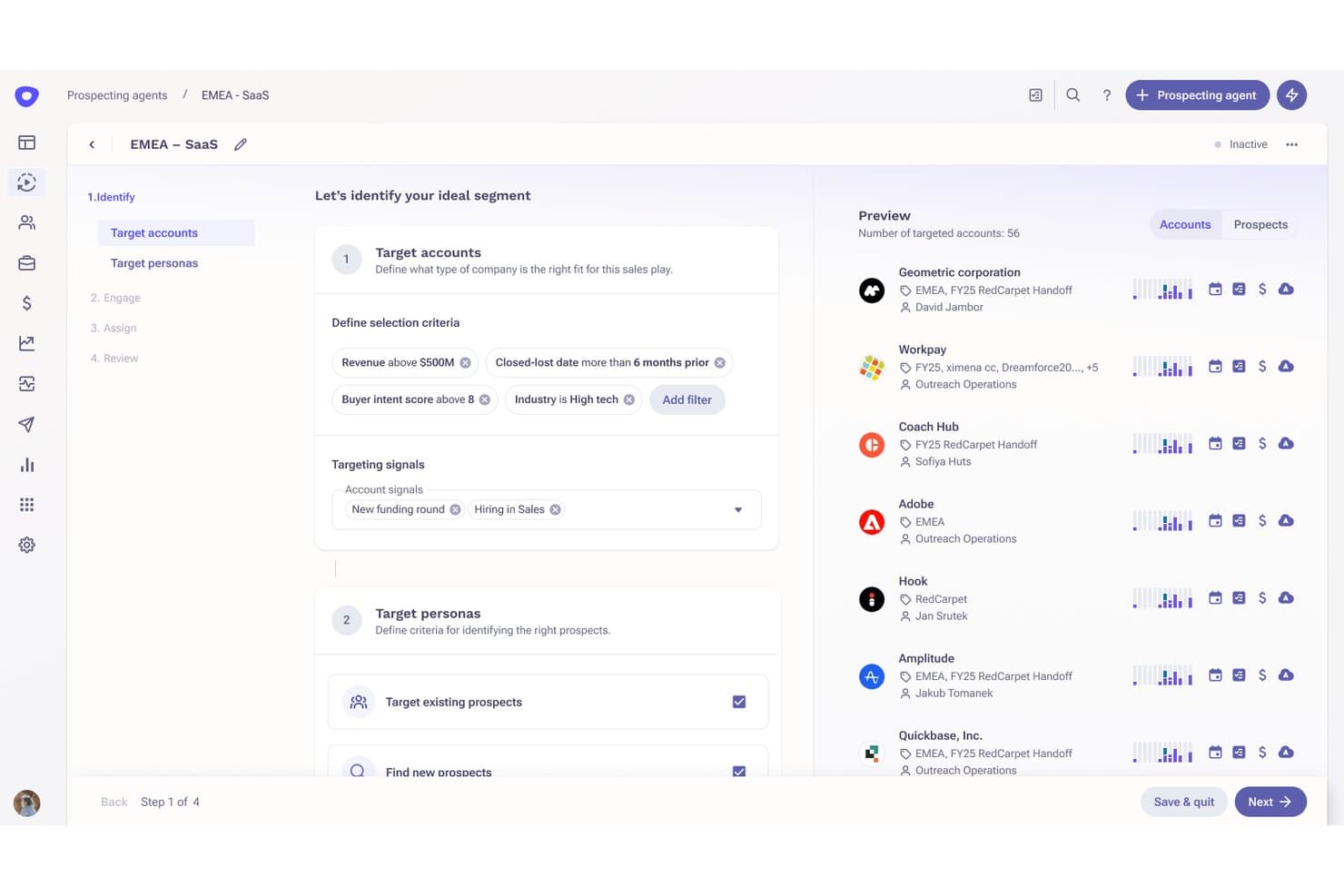 Configurazione dell'agente di prospezione di Outreach con account target, filtri e lista di anteprima degli account.