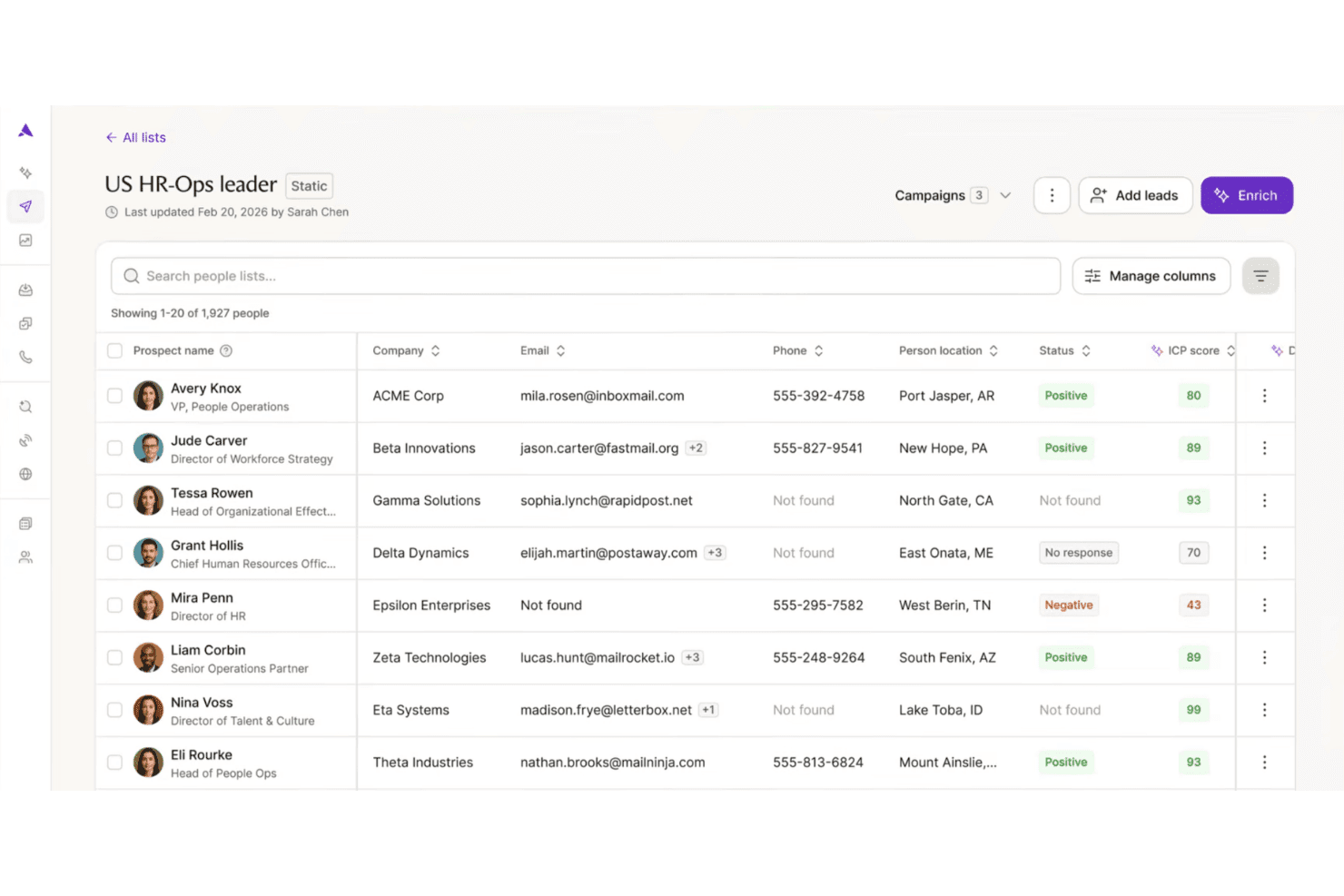 Elenco CRM di lead HR con nomi, aziende, indirizzi email e punteggi ICP.