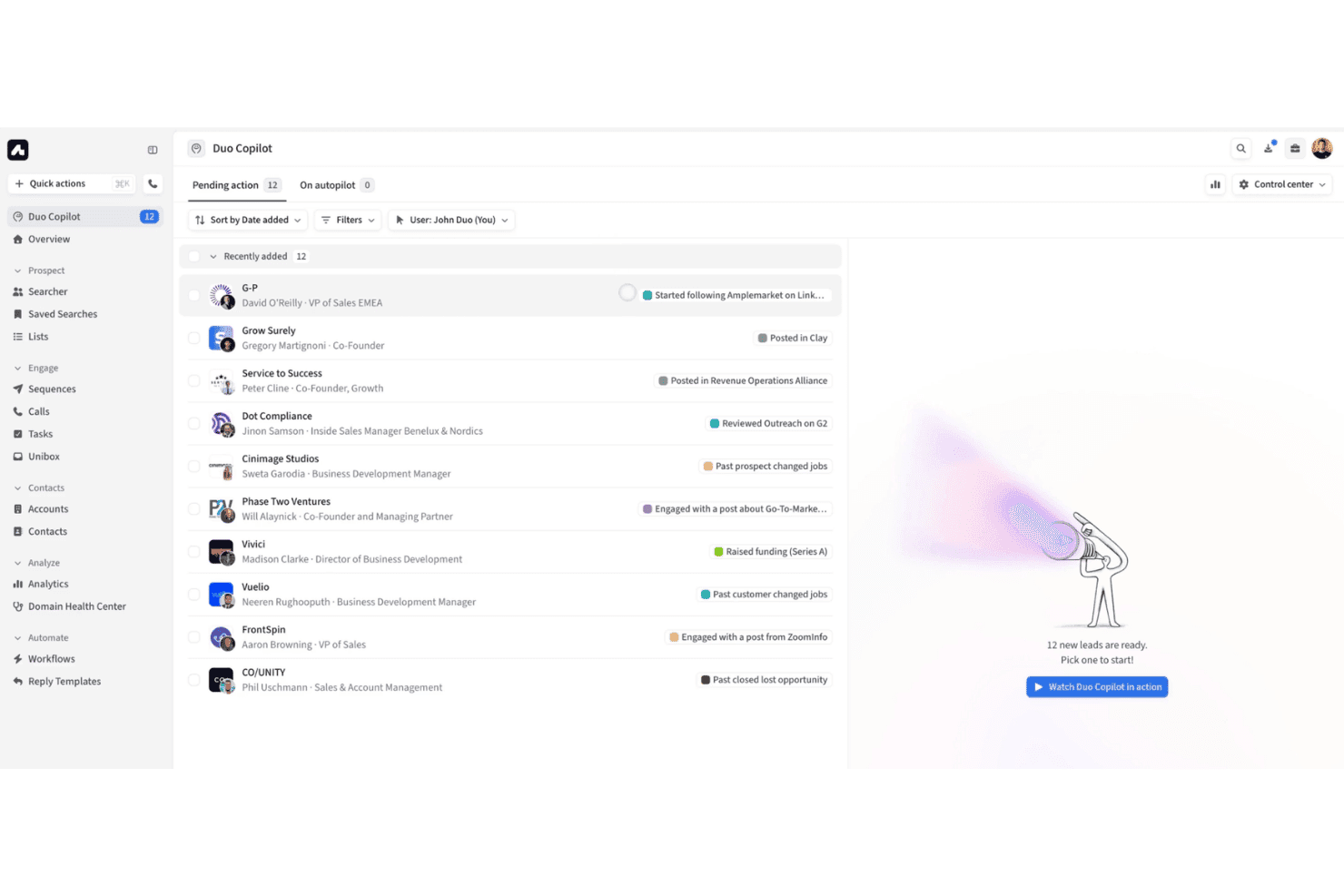 Dashboard di Duo Copilot che mostra 12 lead in attesa con i segnali di attività elencati.
