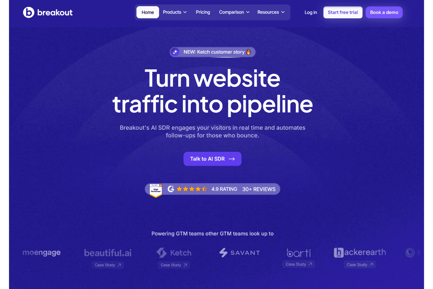 Pagina iniziale di Breakout che mostra uno strumento SDR AI per convertire il traffico del sito web in pipeline.