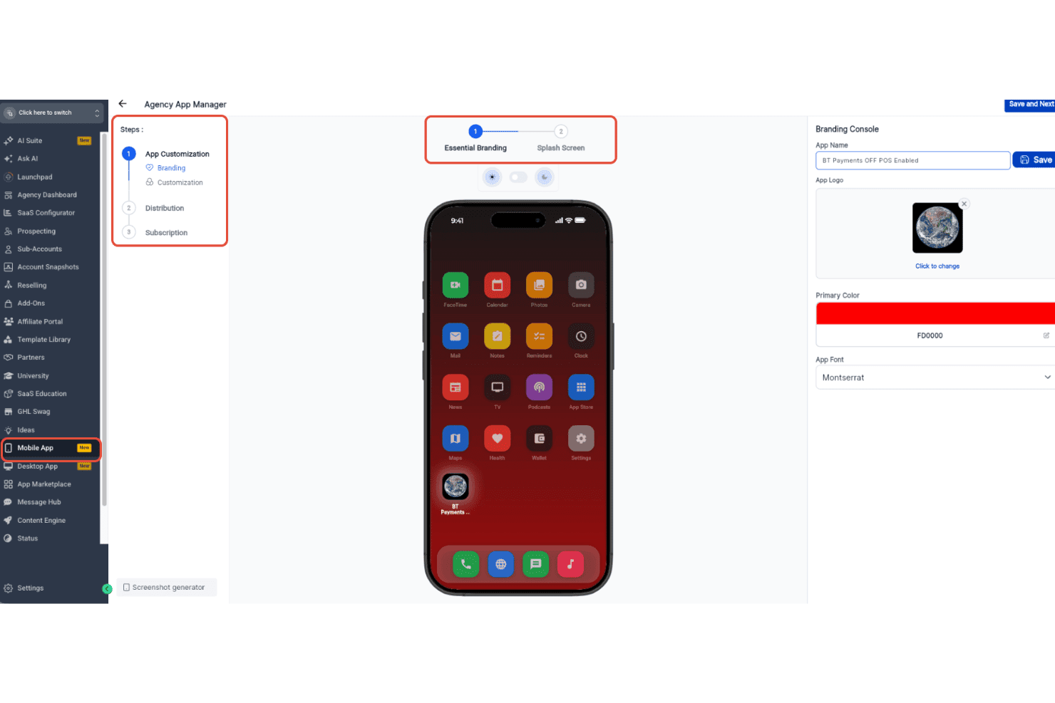 HighLevelin toimistosovellusten hallinta, jossa näkyy mobiilisovelluksen brändäyksen hallintakonsoli väri- ja logoasetuksineen.