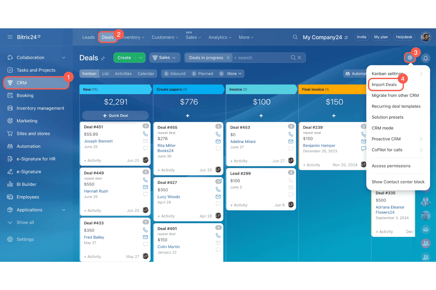 Bitrix24:n CRM-kauppojen kanban-taulu, jossa Tuo kaupat -valikkovaihtoehto on korostettu.