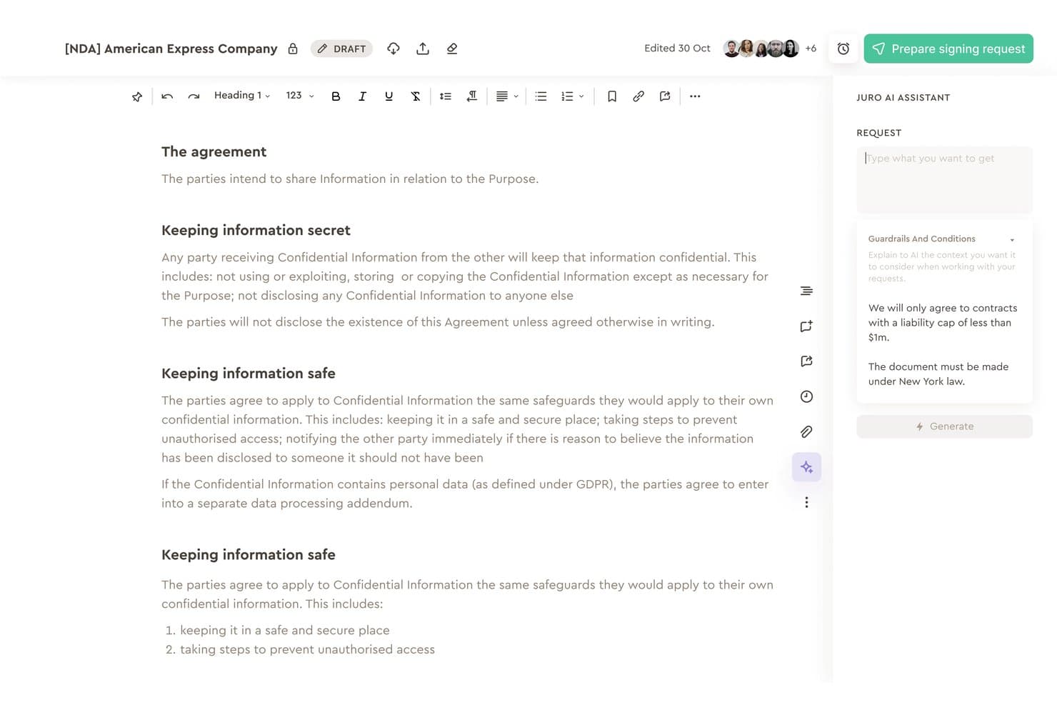 Juro AI assistant panel with guardrails applied to an NDA draft document.