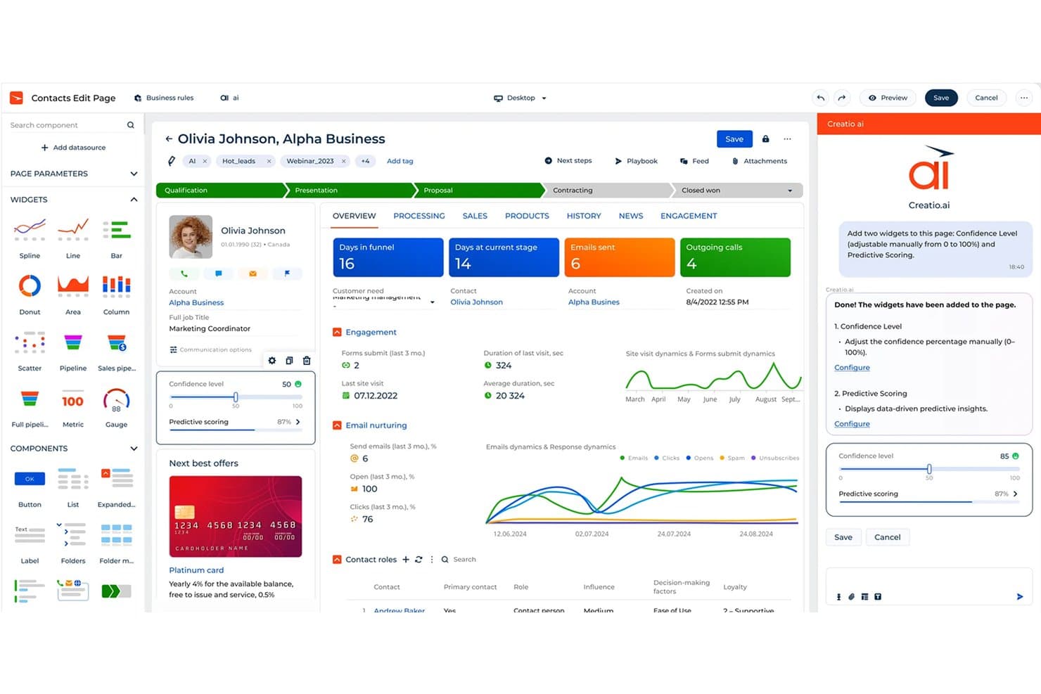 Page de contact de Creatio CRM avec les widgets Niveau de confiance et Score prédictif ajoutés par l'IA.