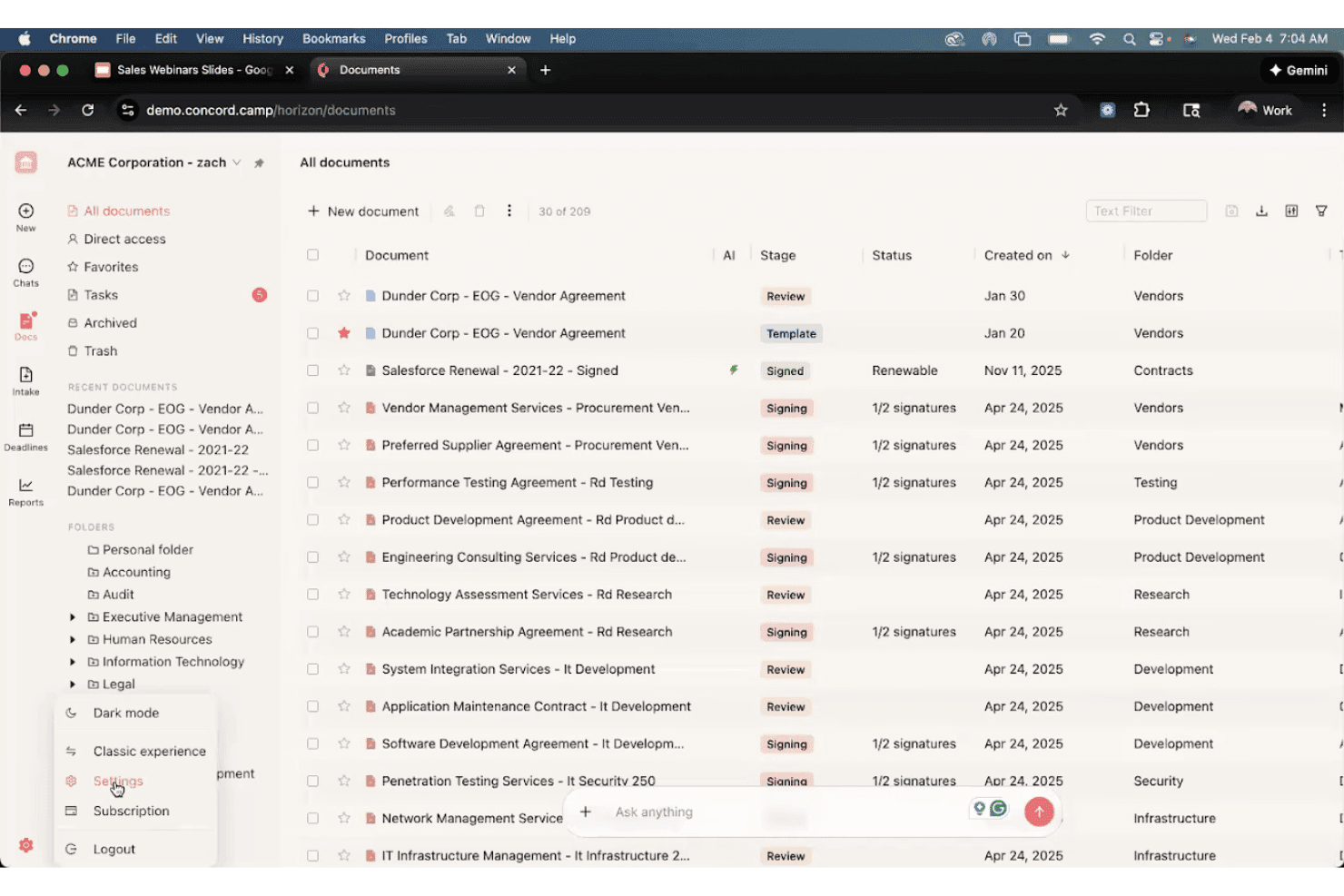 Concord documents dashboard listing contracts with stage, status, and folder columns.