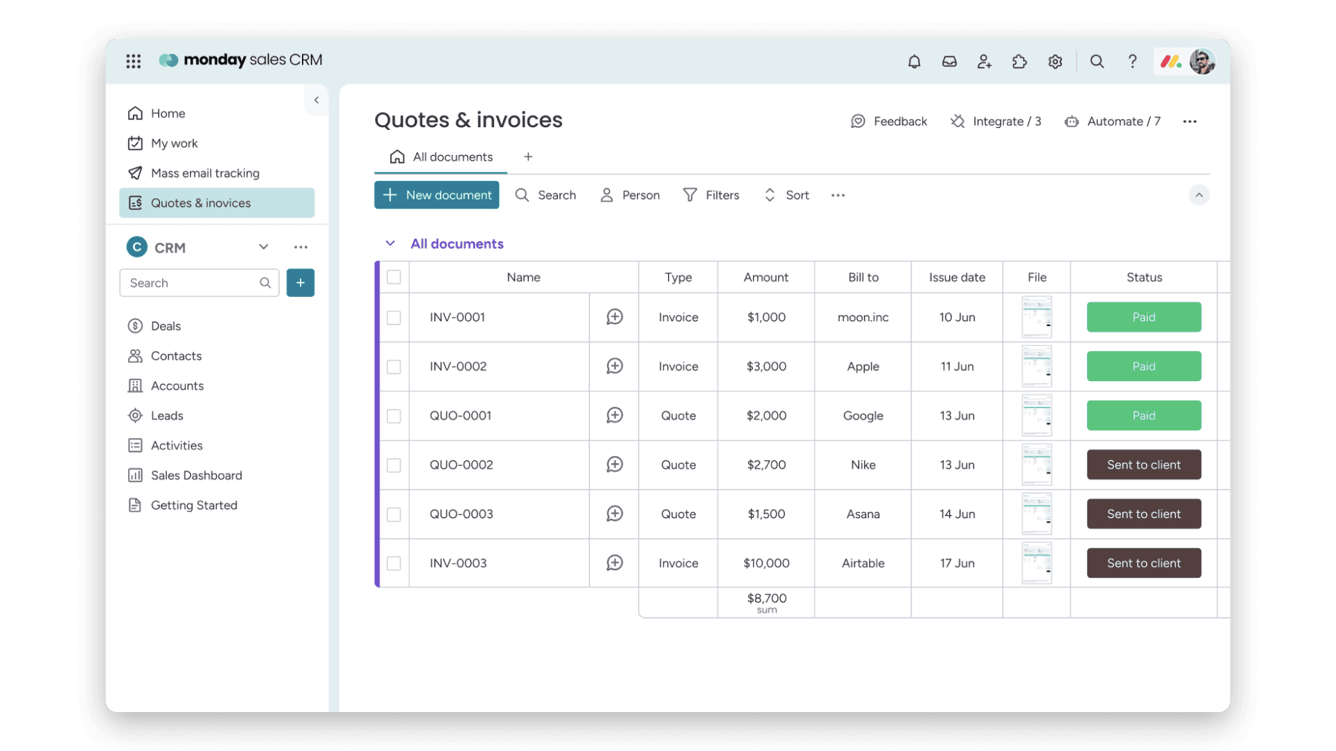 monday CRM screenshot