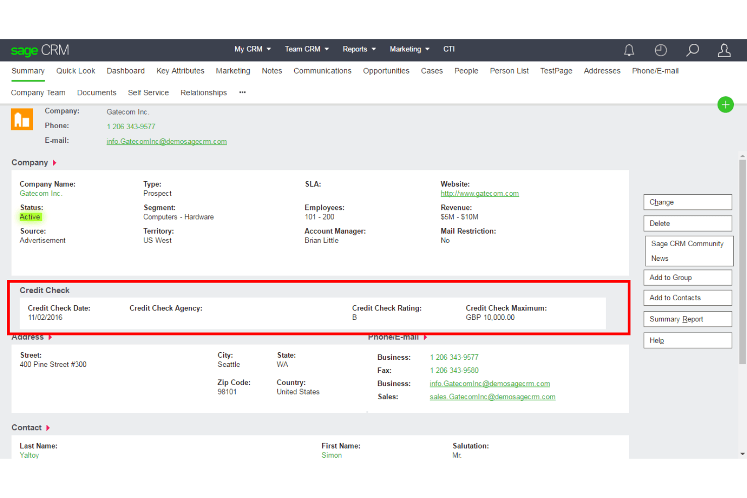 Sage CRM screenshot