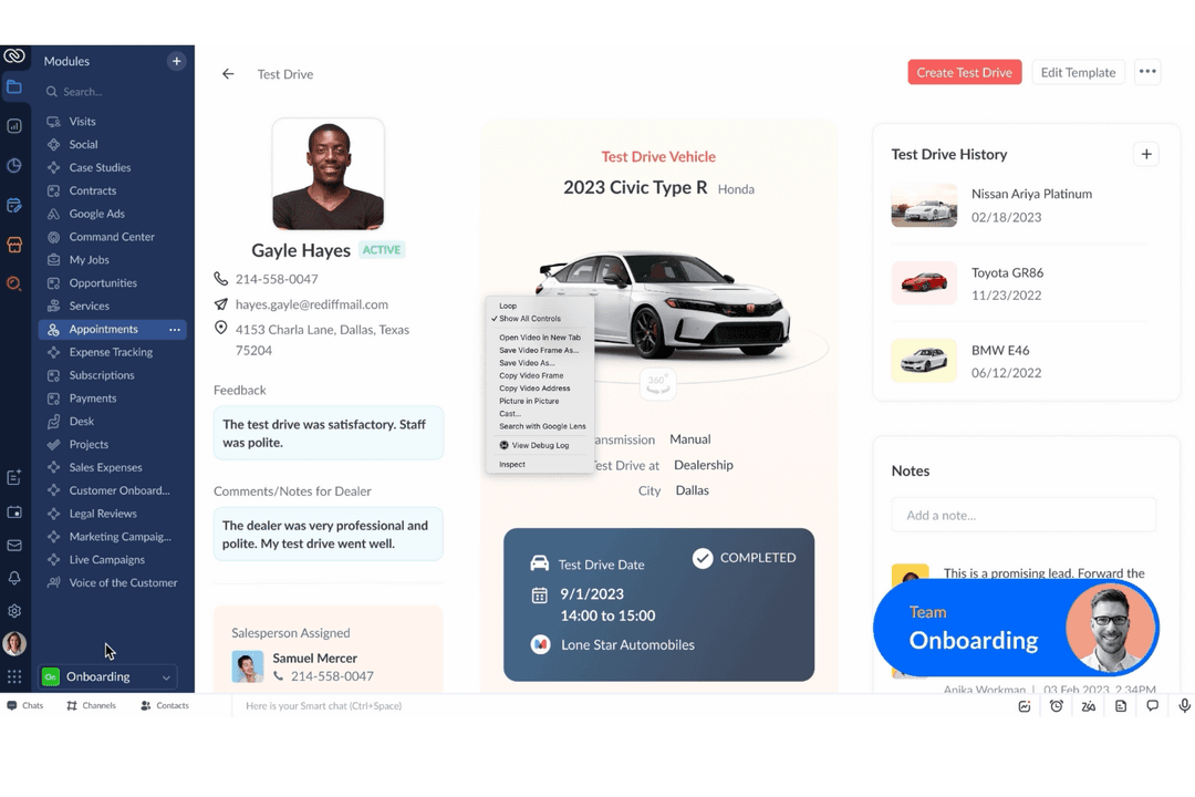 Zoho CRM helps you manage leads, appointments, and customer feedback.