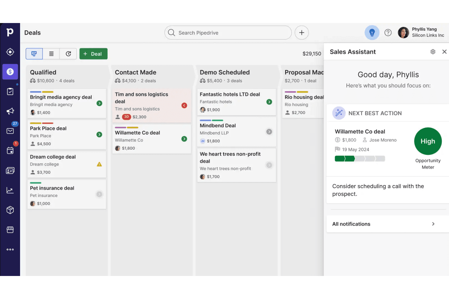 Pipedrive helps track deals, manage contacts, and automate sales tasks.