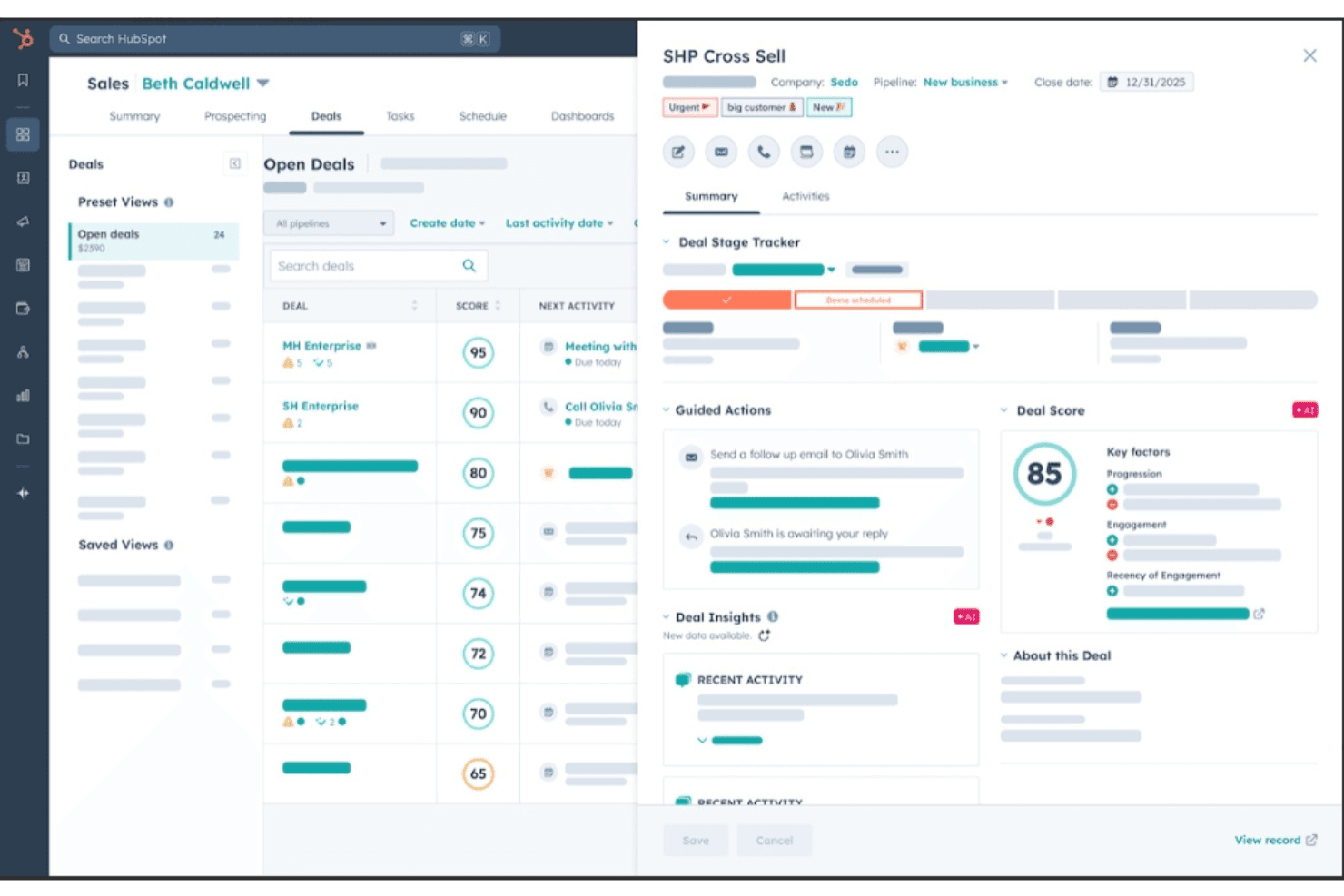 HubSpot centralizes deals, activities, insights, and pipeline tracking.
