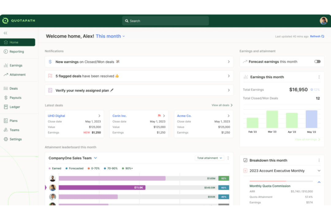 QuotaPath gives your team a clear dashboard to track deals, earnings, and quota progress in real time.