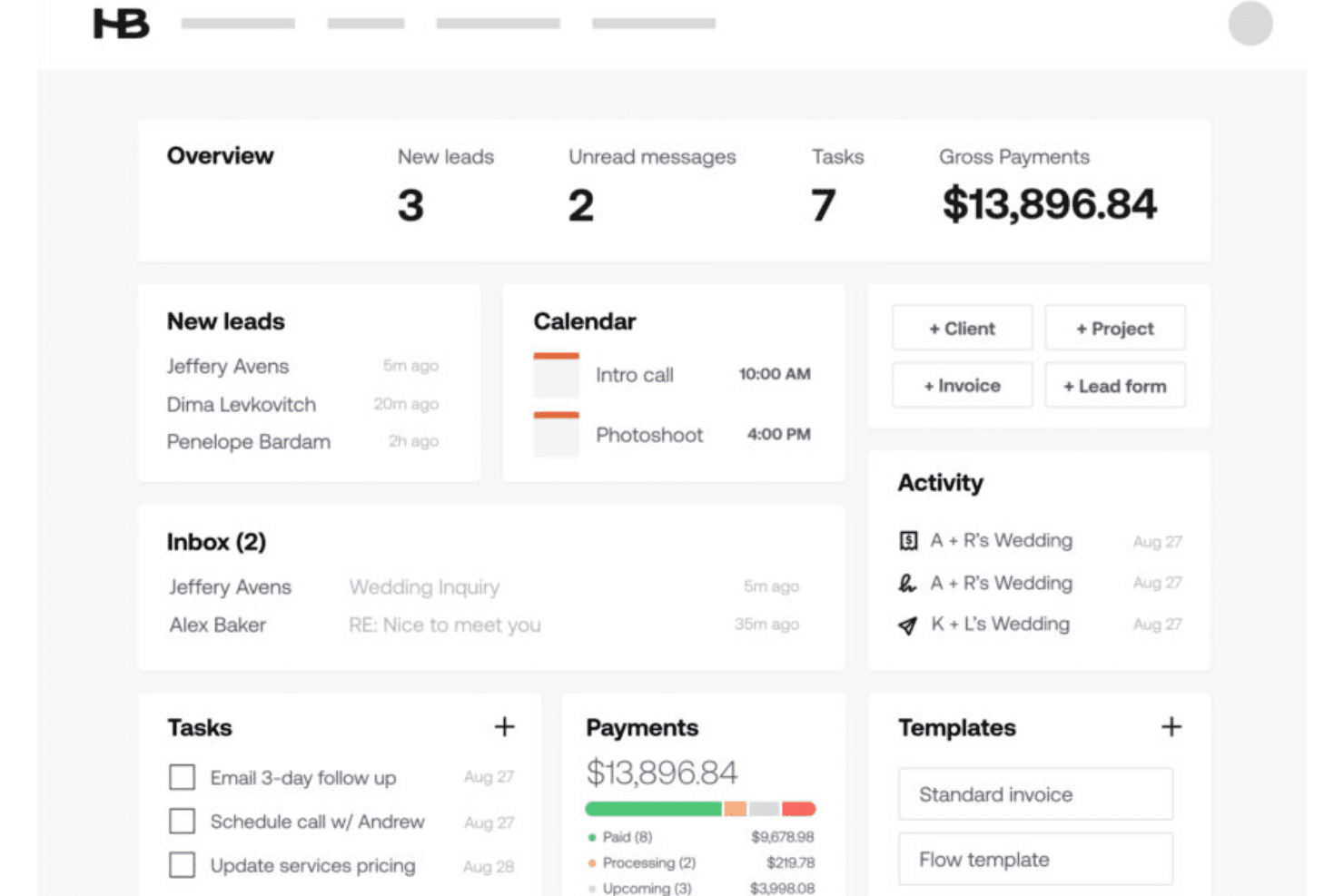 HoneyBook is an all-in-one platform for clients, projects, contracts, payments.