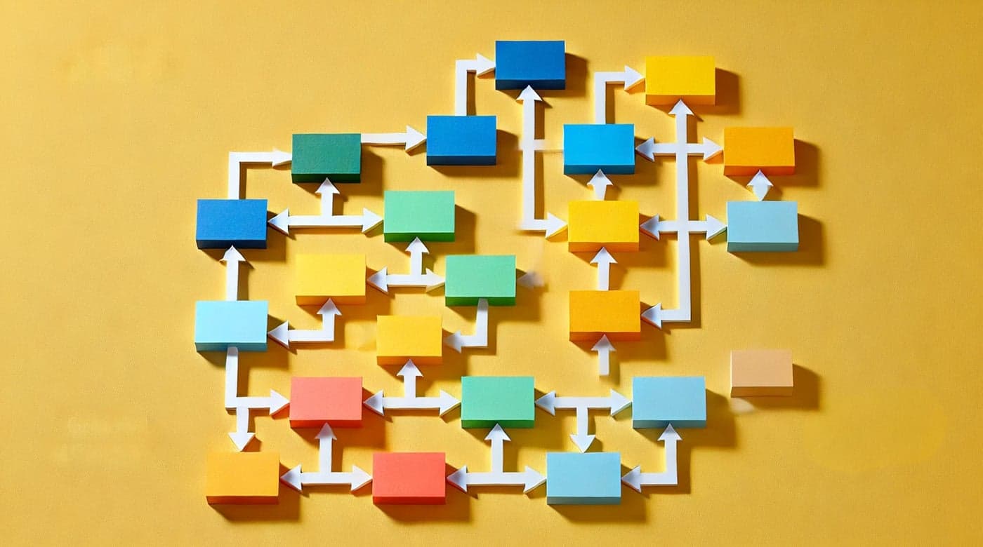 Different colored rectangles on a yellow background connected by white arrows to visually represent lead routing