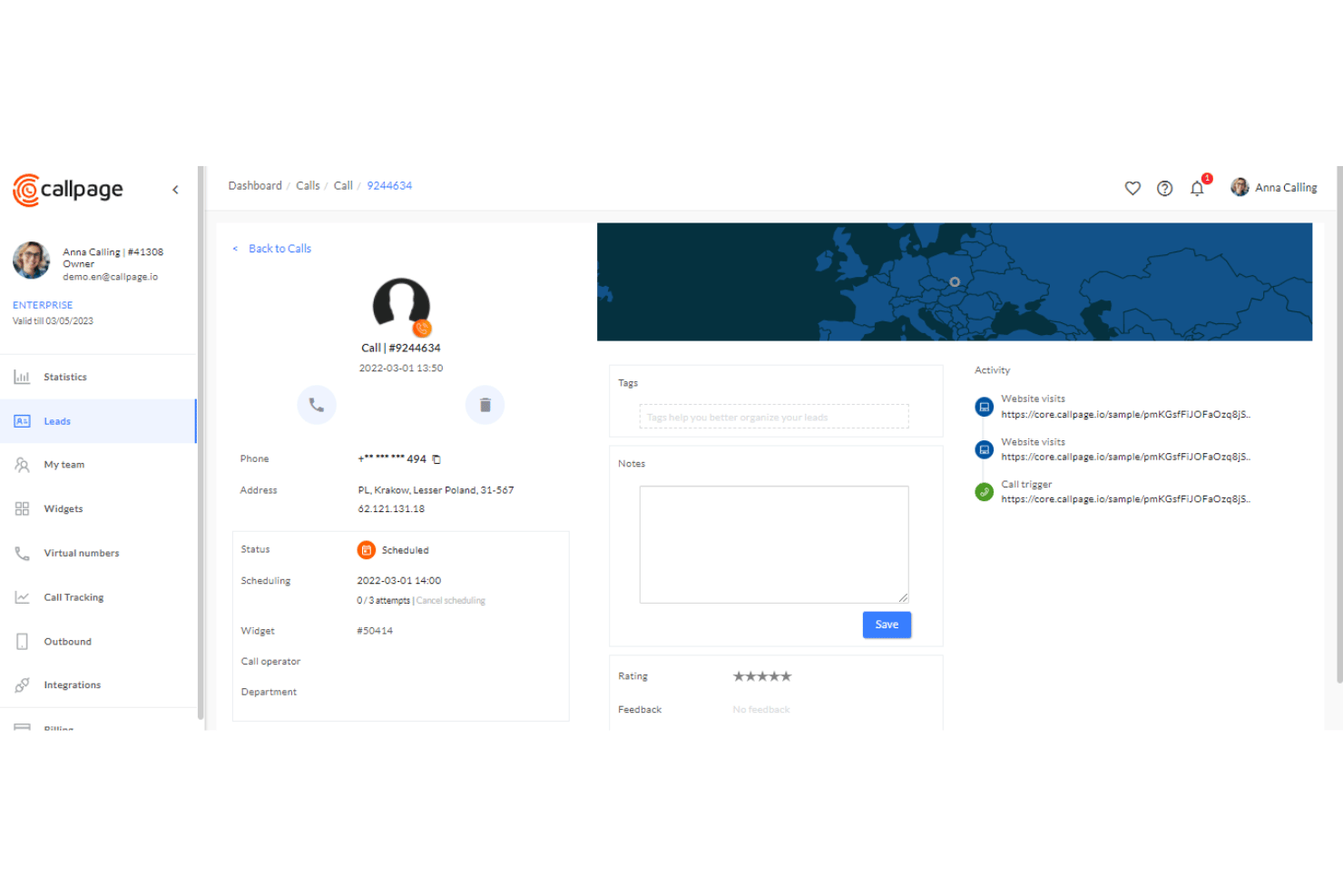 CallPage provides a central view of lead details, call activity, scheduling status, and follow-up information.