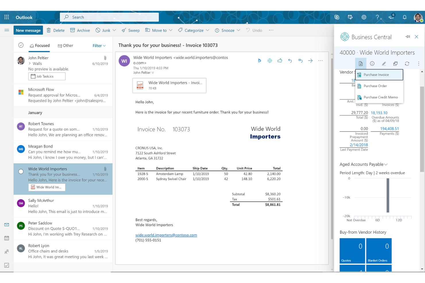 Microsoft Dynamics 365 Business Central document collaboration with embedded Word and Excel editing, linked business records, version control, and shared revenue documents.