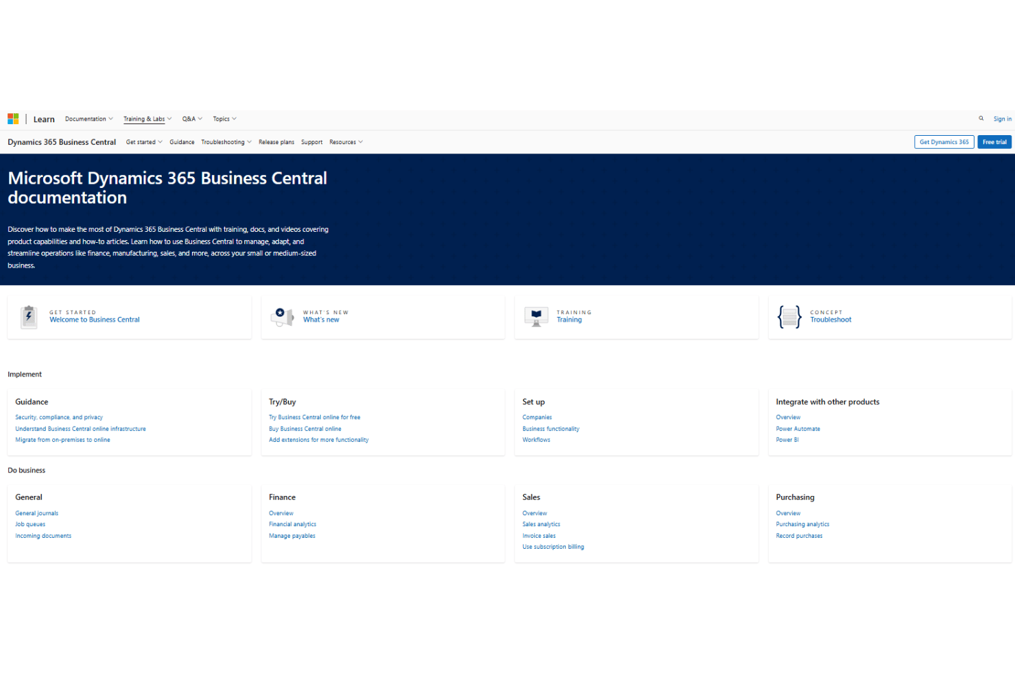 Microsoft Dynamics 365 Business Central onboarding featuring guided setup, data migration tools, knowledge base resources, community forums, documentation, and ERP implementation support.