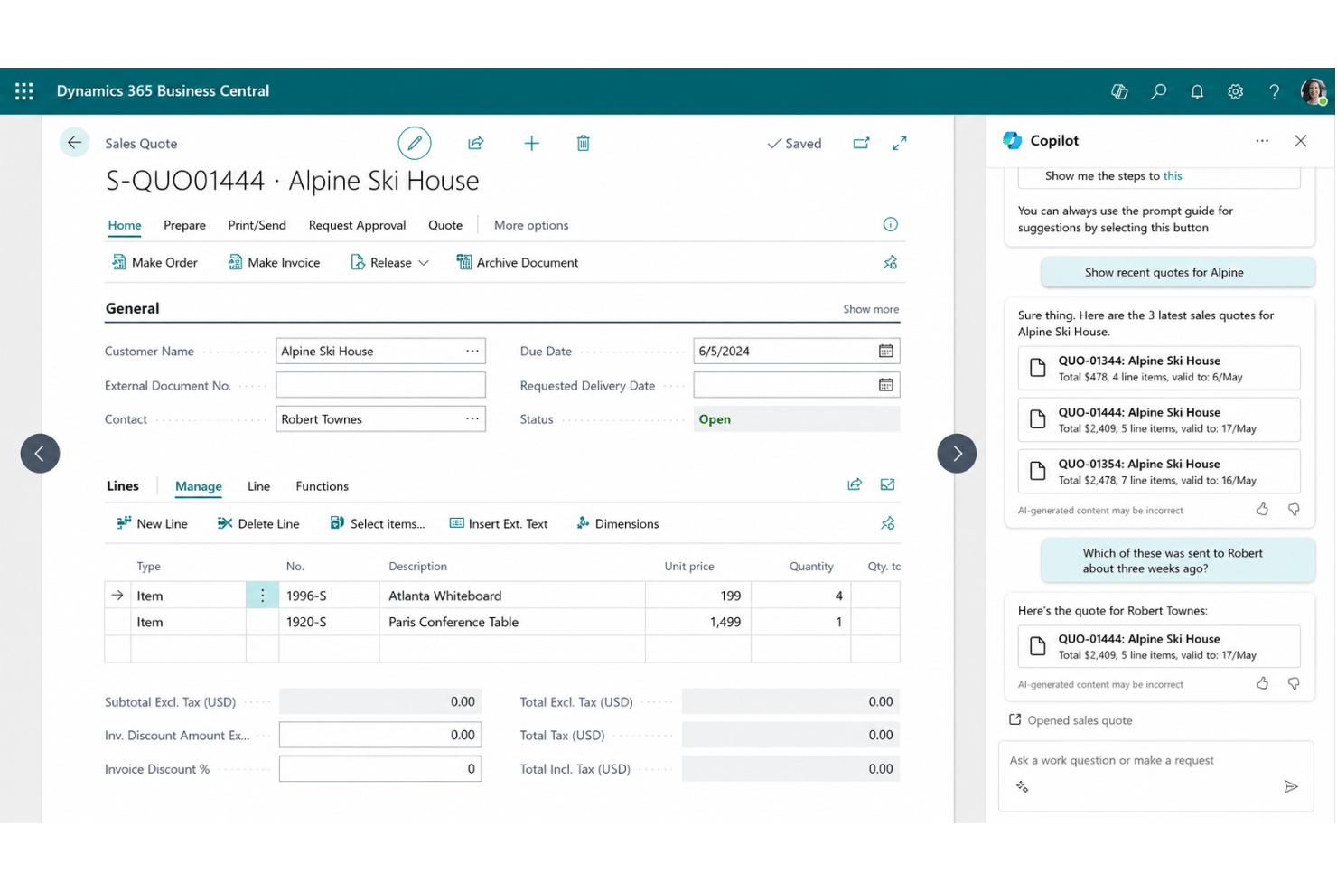 Microsoft Dynamics 365 Business Central role-tailored workspace featuring Microsoft Copilot, personalized dashboards, revenue KPIs, AI recommendations, and role-based analytics.