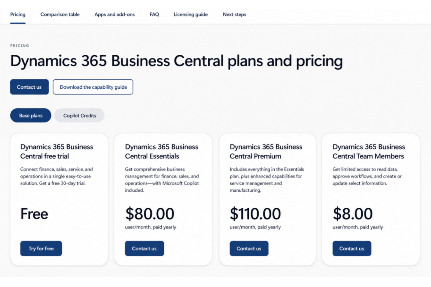 Microsoft Dynamics 365 Business Central pricing plans featuring Essentials, Premium, and Team Members licenses with financial management, sales, inventory, project management, manufacturing, and compliance tools.