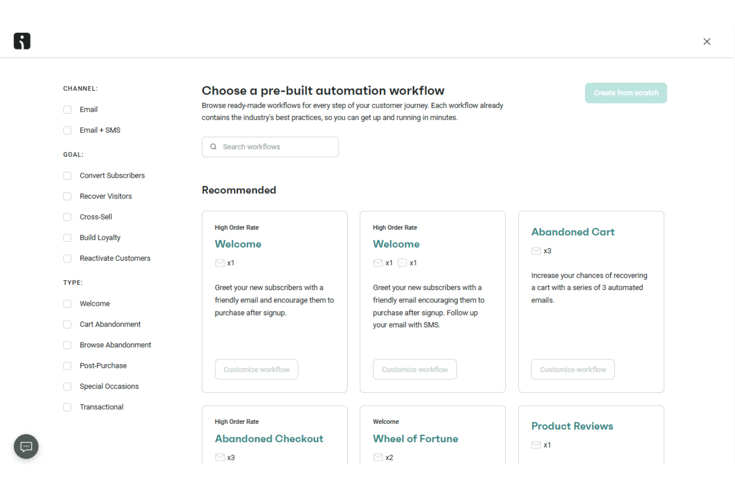 Omnisend shows recommended pre-built email automation workflows.
