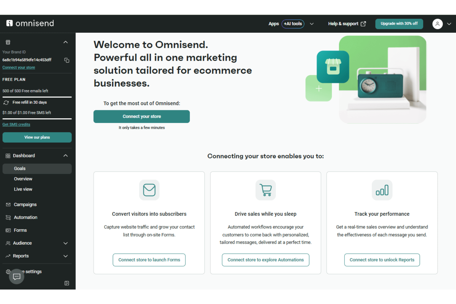 Omnisend welcome screen shows a store prompt and three feature cards.