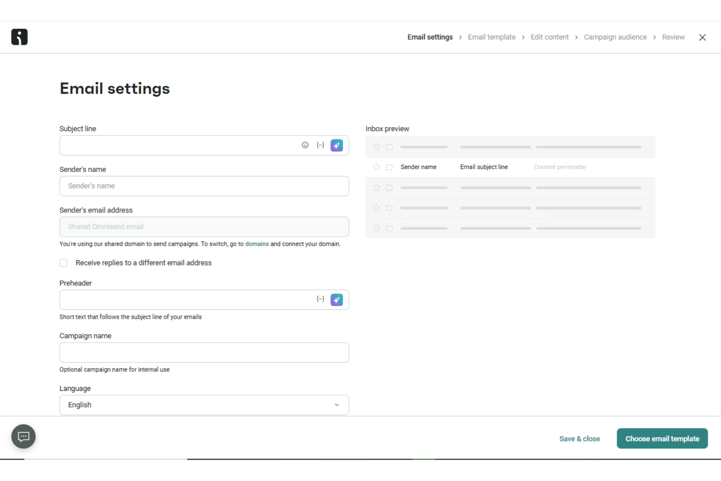 Omnisend email settings show subject, sender, preheader, and inbox preview.