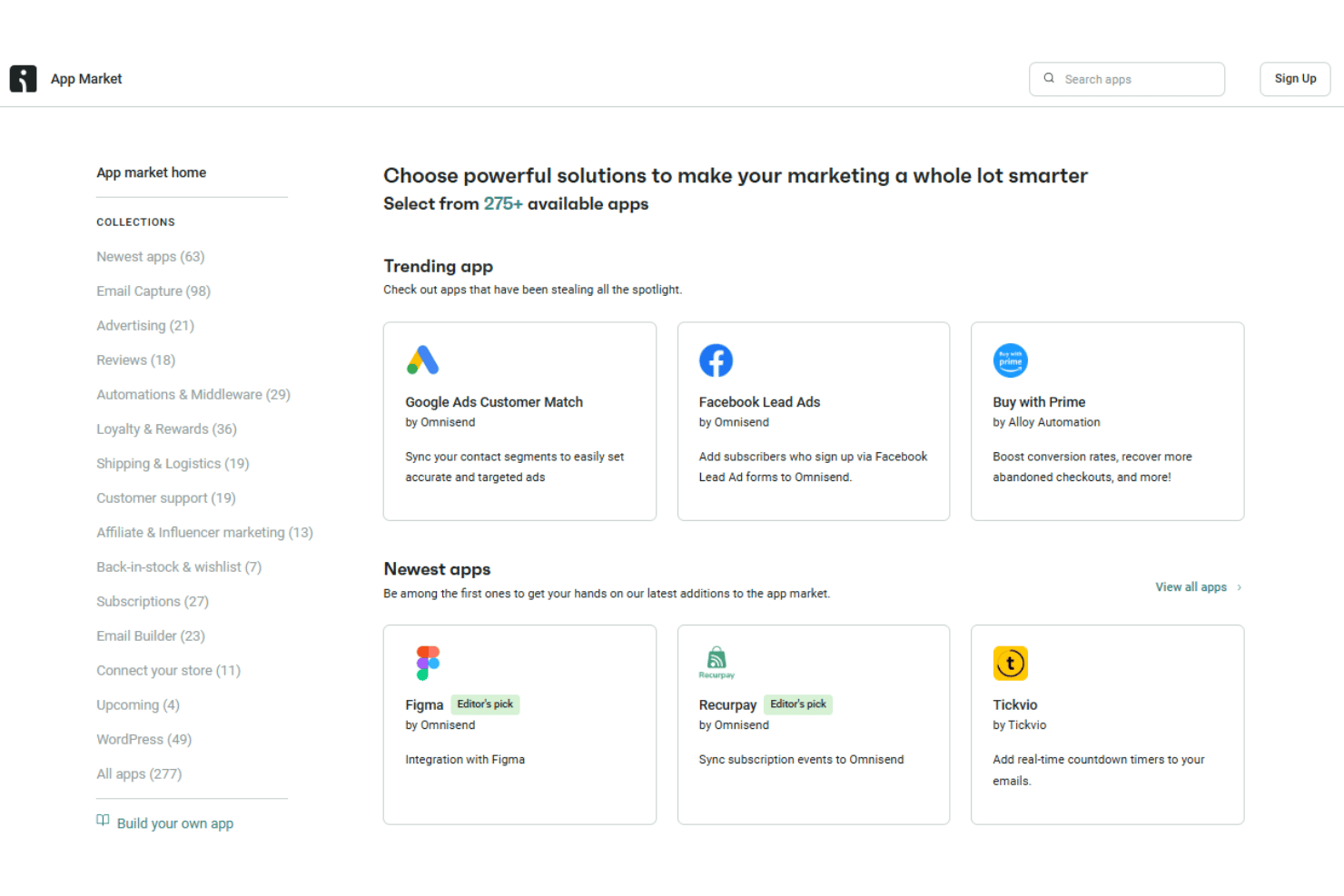 Omnisend App Market shows trending and newly added integrations.