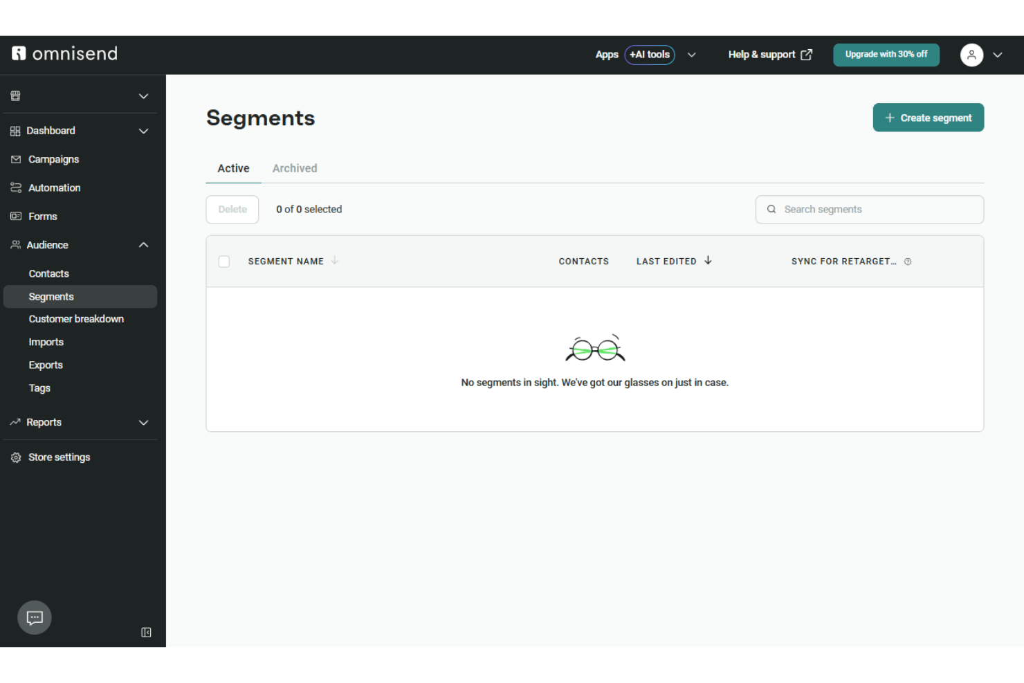 Omnisend Segments page shows an empty list and a Create Segment button.